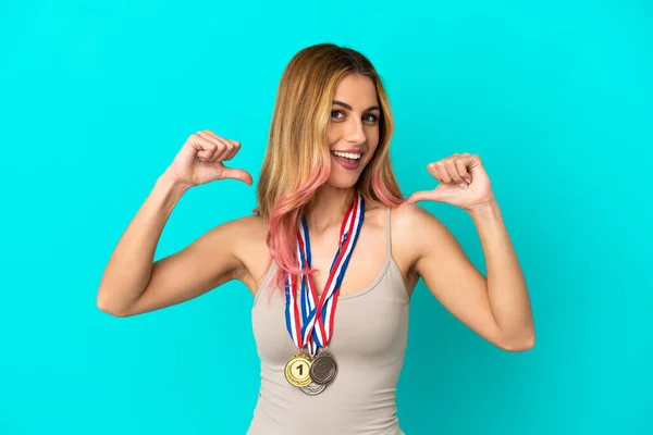 Young Woman Medals Isolated Background Proud Self Satisfied — Stock Photo, Image