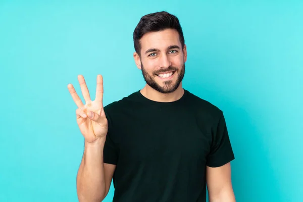 Caucasian Handsome Man Isolated Blue Background Happy Counting Three Fingers — Stock Photo, Image