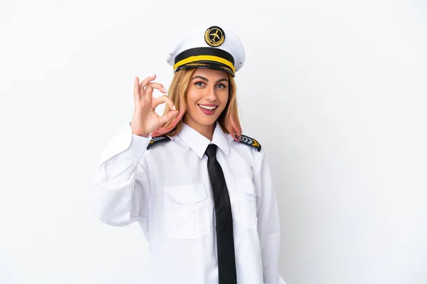 Flugzeugpilot Über Isoliertem Weißem Hintergrund Zeigt Zeichen Mit Fingern — Stockfoto