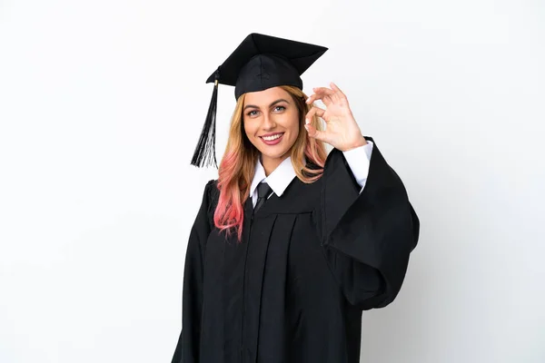 Joven Graduado Universitario Sobre Fondo Blanco Aislado Mostrando Signo Con —  Fotos de Stock