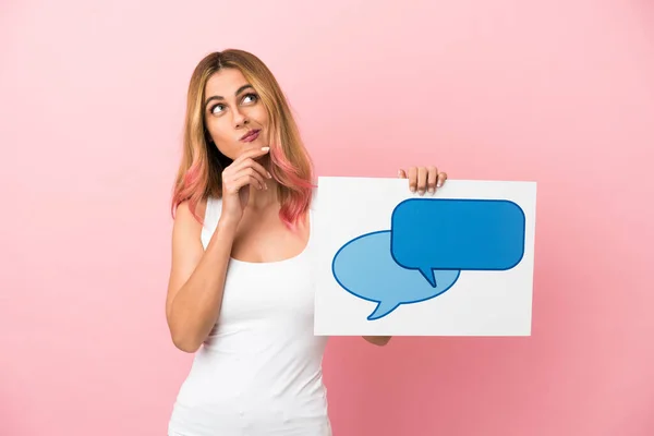 Young Woman Isolated Pink Background Holding Placard Speech Bubble Icon — Stock Photo, Image