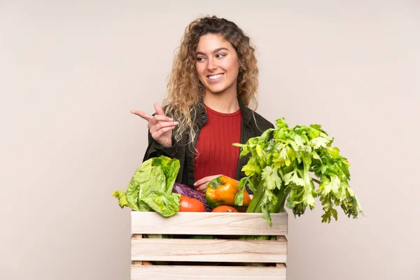 Farmer with freshly picked vegetables in a box isolated on beige background pointing finger to the side