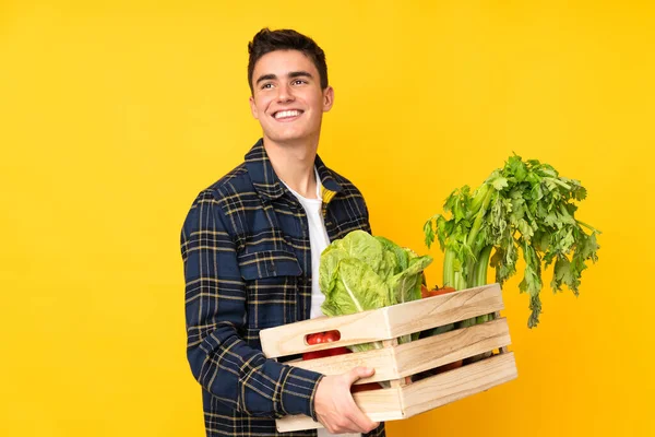 Adolescente Granjero Hombre Con Verduras Recién Recogidas Una Caja — Foto de Stock