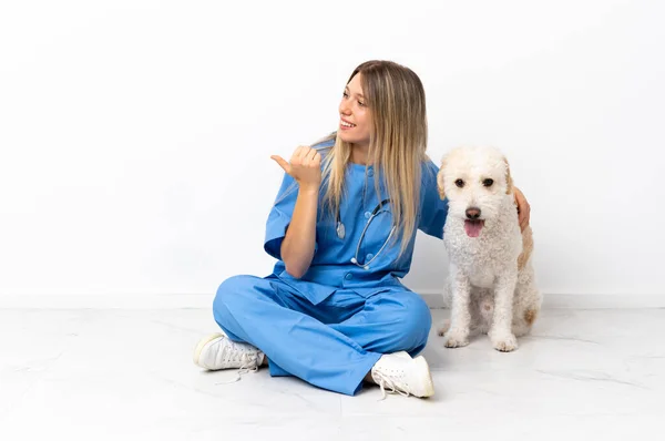 Молодая Женщина Ветеринар Собакой Сидящей Полу Указывая Сторону Представить Продукт — стоковое фото