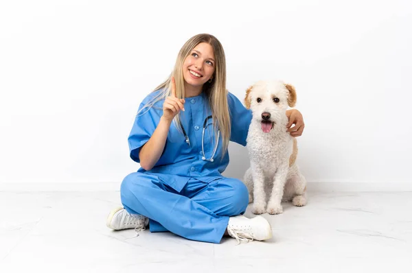 Jovem Veterinária Mulher Com Cão Sentado Chão Apontando Para Cima — Fotografia de Stock