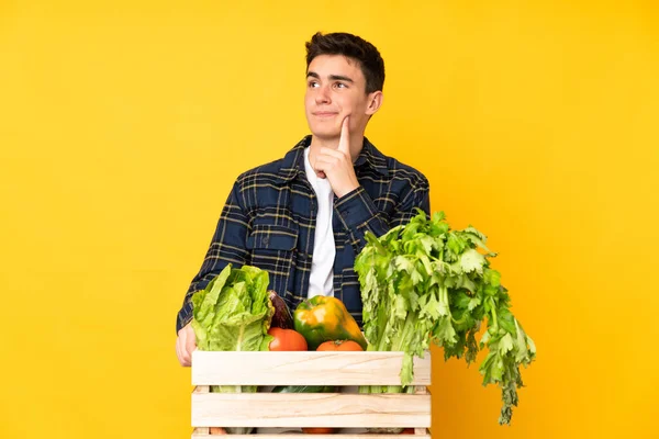 Hombre Adolescente Granjero Con Verduras Recién Recogidas Una Caja Pensando — Foto de Stock