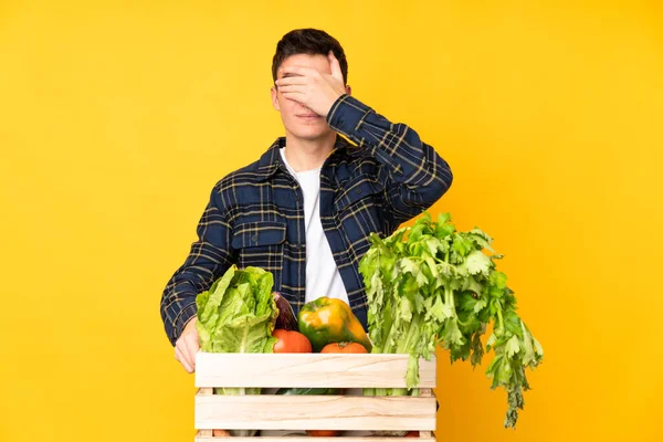 Έφηβος Αγρότης Φρεσκοκομμένα Λαχανικά Κουτί Που Καλύπτει Μάτια Χέρια — Φωτογραφία Αρχείου