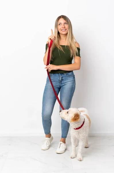 Jovem Caucasiano Mulher Andando Cão Isolado Fundo Branco Apontando Para — Fotografia de Stock