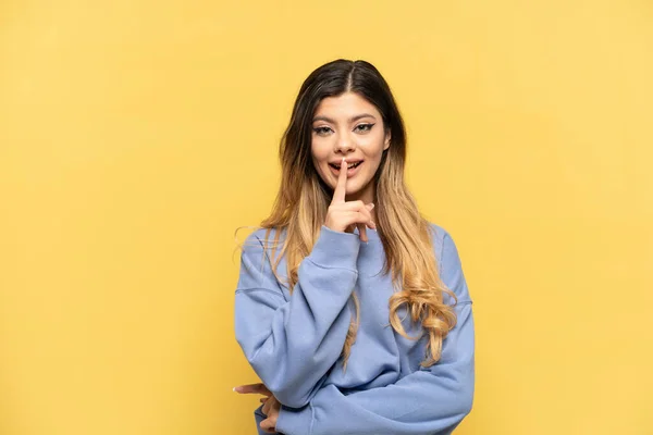 Young Russian Girl Isolated Yellow Background Showing Sign Silence Gesture — Stock Photo, Image