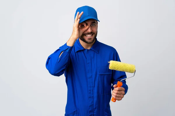 Painter Man Holding Paint Roller Isolated White Background Showing Sign — Stock Photo, Image