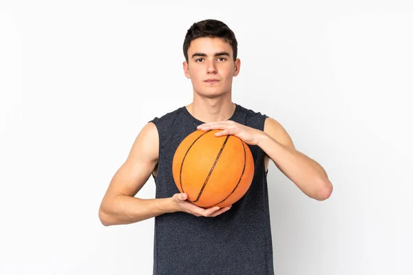 Guapo Joven Jugador Baloncesto Hombre Sobre Pared Aislada Jugando Baloncesto —  Fotos de Stock