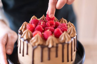 Genç pasta şefi mutfakta meyveli ev yapımı çikolatalı kek pişiriyor.