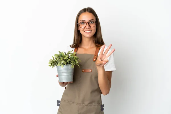 Tuinier Meisje Met Een Plant Geïsoleerde Witte Achtergrond Gelukkig Tellen — Stockfoto