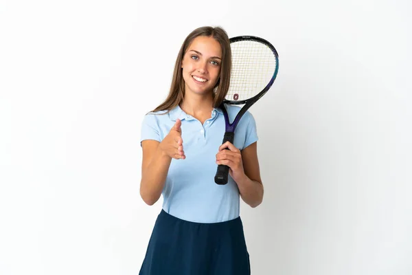 Mujer Jugando Tenis Sobre Aislada Pared Blanca Estrechando Las Manos — Foto de Stock