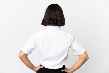 Uçak hostesi arka planda izole edilmiş arka planda.