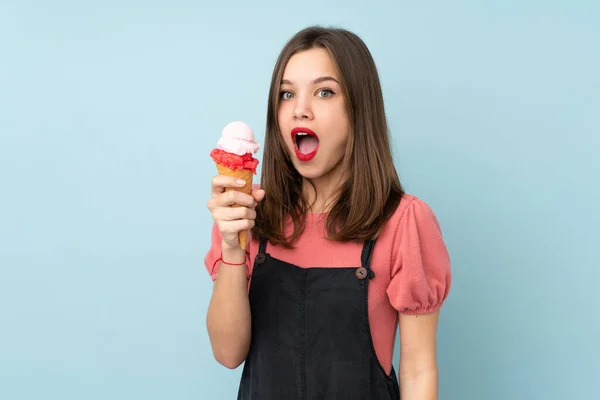 Teenager Girl Holding Cornet Ice Cream Isolated Blue Background Surprise — Stock Photo, Image