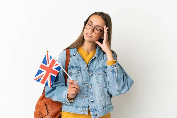 Mujer Hispana Joven Sosteniendo Una Bandera Del Reino Unido Sobre — Foto de Stock