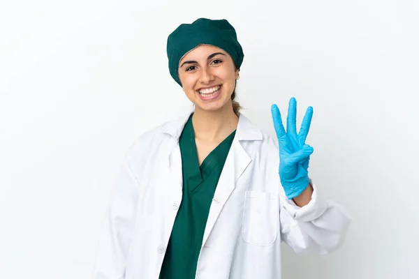 Beyaz Arka Planda Izole Edilmiş Beyaz Cerrah Kadın Mutlu Parmaklarıyla — Stok fotoğraf