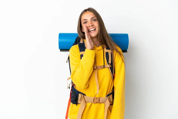 Young Mountaineer Woman Big Backpack Isolated White Background Shouting Mouth — Stock Photo, Image