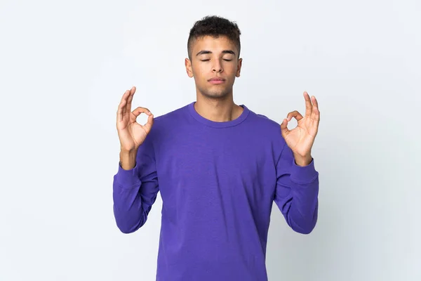 Young Brazilian Man Isolated White Background Zen Pose — Stock Photo, Image