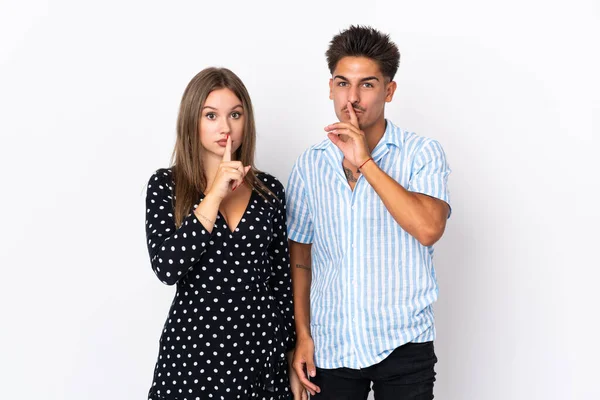 Young Caucasian Couple Isolated White Background Showing Sign Closing Mouth — Stock Photo, Image
