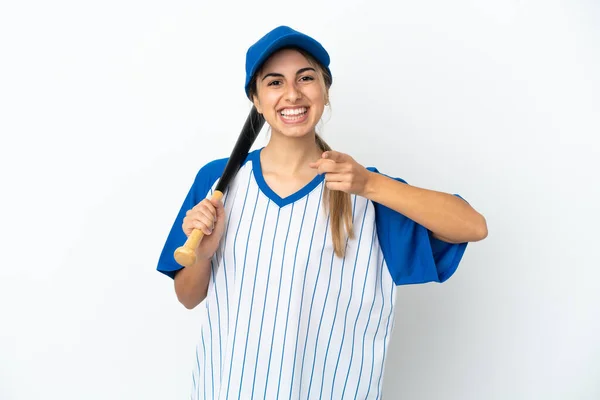 Joven Mujer Caucásica Jugando Béisbol Aislado Sobre Fondo Blanco Sorprendido — Foto de Stock