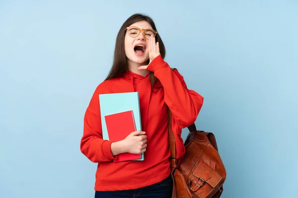 Young Ukrainian Teenager Student Girl Holding Salad Isolated Blue Background — Stock Photo, Image