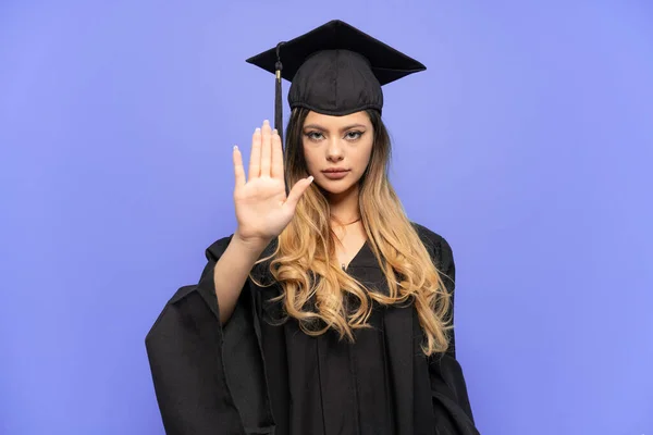Jovem Universidade Graduado Russo Menina Isolado Fundo Branco Fazendo Parar — Fotografia de Stock