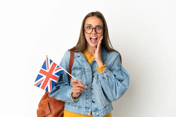 Jeune Femme Hispanique Tenant Drapeau Royaume Uni Sur Fond Blanc — Photo