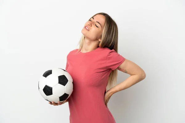 Joven Futbolista Mujer Sobre Pared Blanca Aislada Sufriendo Dolor Espalda — Foto de Stock