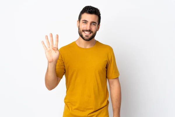 Young Handsome Man Beard Isolated White Background Happy Counting Four — Stock Photo, Image