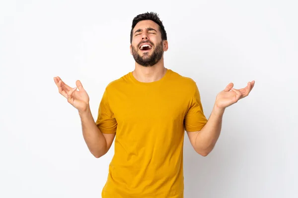 Joven Hombre Guapo Con Barba Aislada Sobre Fondo Blanco Sonriendo — Foto de Stock