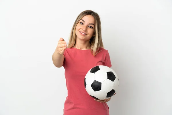 Νεαρή Ποδοσφαιριστής Γυναίκα Πάνω Από Απομονωμένο Λευκό Τοίχο Χειραψία Για — Φωτογραφία Αρχείου