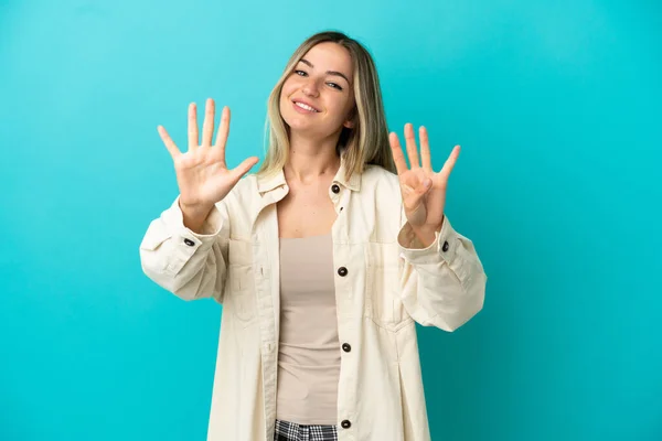Young Woman Isolated Blue Background Counting Nine Fingers — Stock Photo, Image
