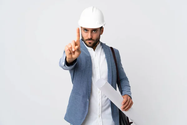 Jonge Architect Man Met Helm Bedrijf Blauwdrukken Geïsoleerd Witte Achtergrond — Stockfoto