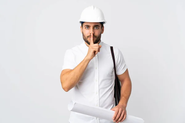 Young Architect Man Helmet Holding Blueprints Isolated White Background Showing — Stock Photo, Image