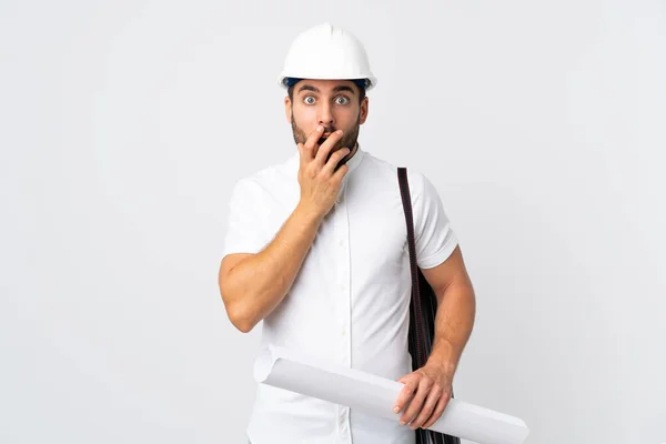 Young Architect Man Helmet Holding Blueprints Isolated White Background Surprised — Stock Photo, Image