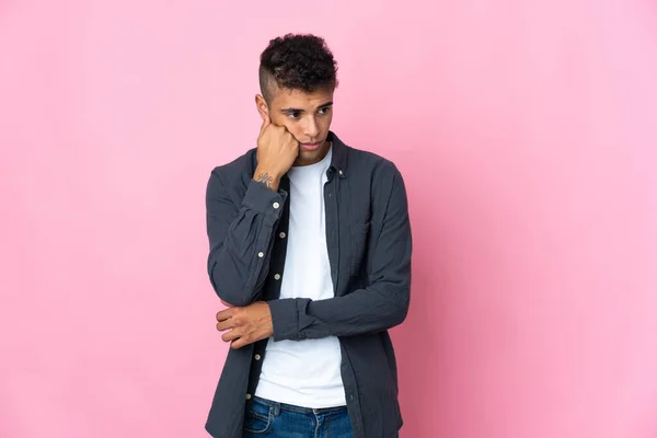 Young Brazilian Man Isolated Pink Background Tired Bored Expression — Stock Photo, Image