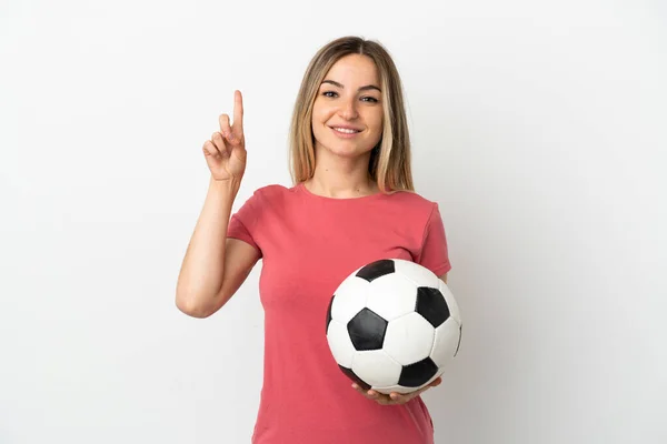 Jovem Jogador Futebol Mulher Sobre Isolado Parede Branca Apontando Para — Fotografia de Stock