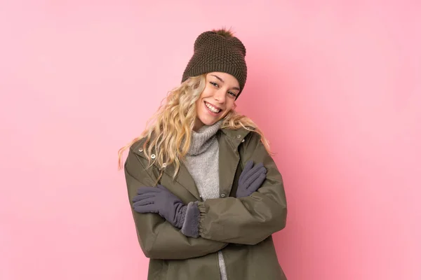 Young Girl Winter Hat Isolated Pink Background Laughing — Stock Photo, Image