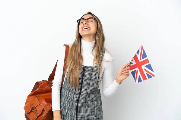 Młoda Kaukaska Kobieta Flagą Zjednoczonego Królestwa Odizolowana Białym Tle Śmieje — Zdjęcie stockowe