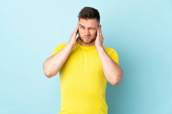 Russian Handsome Man Isolated Blue Background Frustrated Covering Ears — Stock Photo, Image