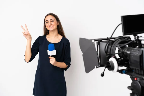 Reporter Woman Holding Microphone Reporting News Isolated White Background Showing — Stock Photo, Image