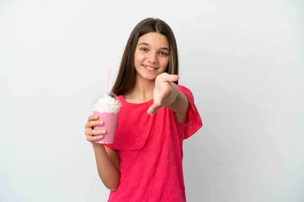 Little Girl Strawberry Milkshake Isolated White Background Shaking Hands Closing — ストック写真