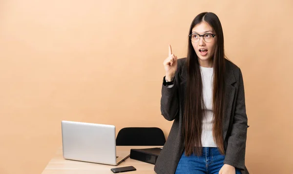 Kinesiska Affärskvinna Sin Arbetsplats Som Har För Avsikt Att Förverkliga — Stockfoto
