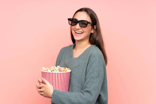 Young Caucasian Woman Isolated Pink Background Glasses Holding Big Bucket — Stock Photo, Image