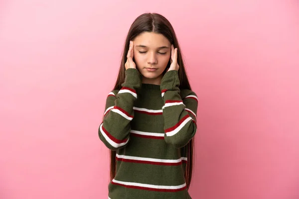 Little Girl Isolated Pink Background Headache — Stock Photo, Image