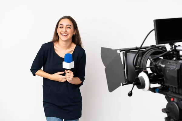 Reporter Woman Holding Microphone Reporting News Isolated White Background Smiling — Stock Photo, Image