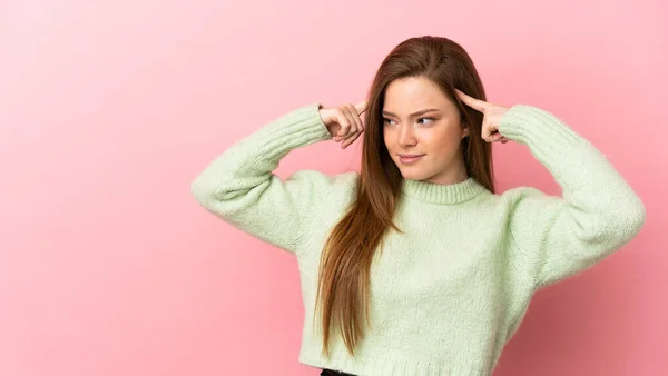 Teenager Girl Isolated Pink Background Having Doubts Thinking — Stock Photo, Image