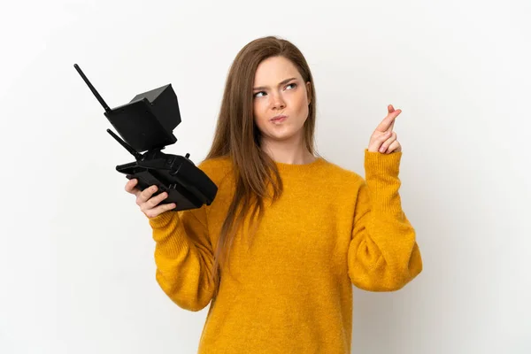 Adolescente Tenant Une Télécommande Drone Sur Fond Blanc Isolé Avec — Photo